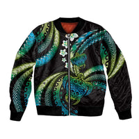 Hawaii Turtles Plumeria Bomber Jacket Chartreuse Cyan Polynesian Pattern LT01 Unisex Cyan - Polynesian Pride