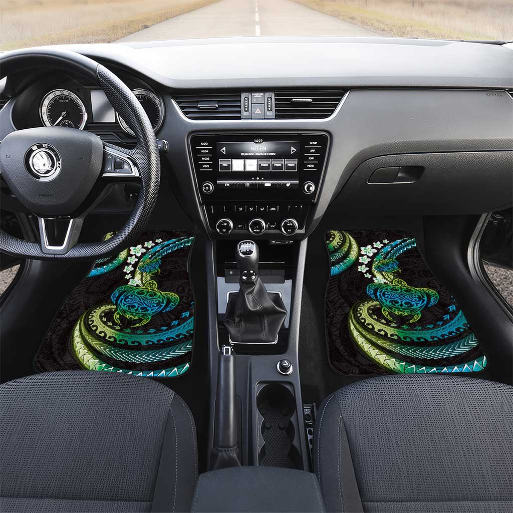 Hawaii Turtles Plumeria Car Mats Chartreuse Cyan Polynesian Pattern LT01 Set 2pcs - Front Cyan - Polynesian Pride
