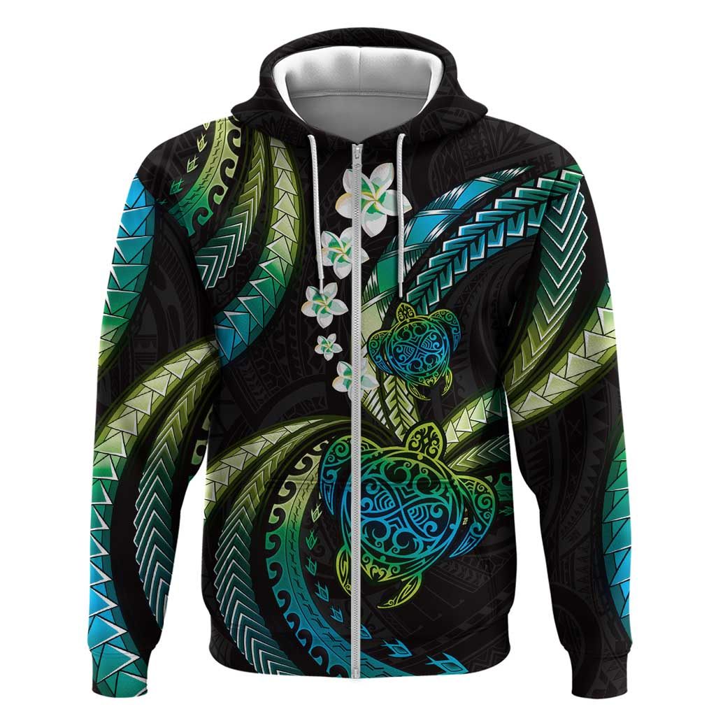 Hawaii Turtles Plumeria Hoodie Chartreuse Cyan Polynesian Pattern LT01 Zip Hoodie Cyan - Polynesian Pride