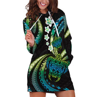 Hawaii Turtles Plumeria Hoodie Dress Chartreuse Cyan Polynesian Pattern LT01 Cyan - Polynesian Pride