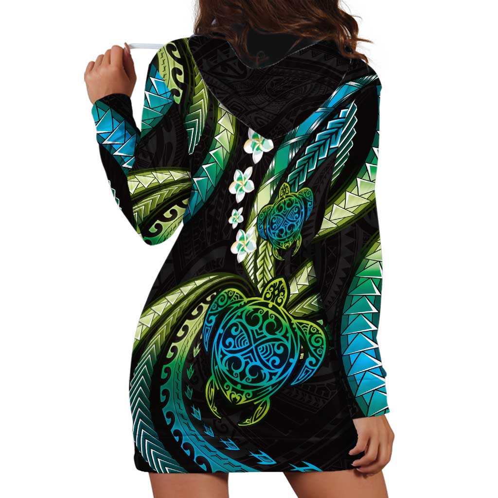 Hawaii Turtles Plumeria Hoodie Dress Chartreuse Cyan Polynesian Pattern LT01 - Polynesian Pride