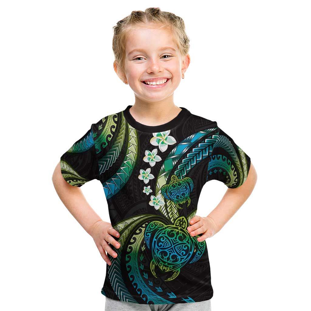 Hawaii Turtles Plumeria Kid T Shirt Chartreuse Cyan Polynesian Pattern LT01 Cyan - Polynesian Pride