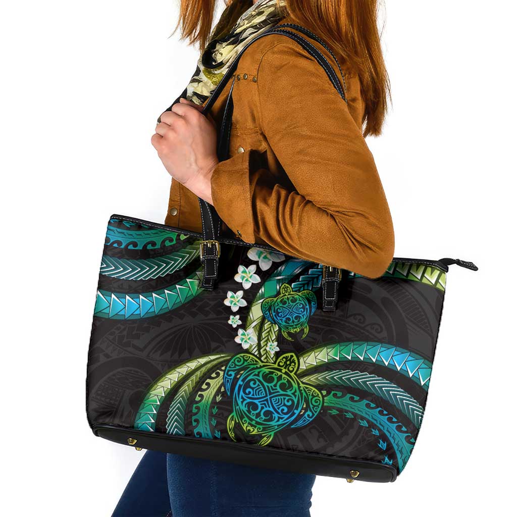 Hawaii Turtles Plumeria Leather Tote Bag Chartreuse Cyan Polynesian Pattern LT01 Cyan - Polynesian Pride