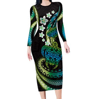 Hawaii Turtles Plumeria Long Sleeve Bodycon Dress Chartreuse Cyan Polynesian Pattern LT01 Long Dress Cyan - Polynesian Pride