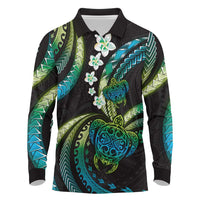 Hawaii Turtles Plumeria Long Sleeve Polo Shirt Chartreuse Cyan Polynesian Pattern LT01 Cyan - Polynesian Pride