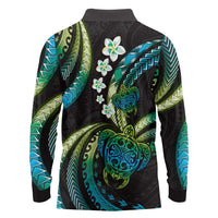 Hawaii Turtles Plumeria Long Sleeve Polo Shirt Chartreuse Cyan Polynesian Pattern LT01 - Polynesian Pride