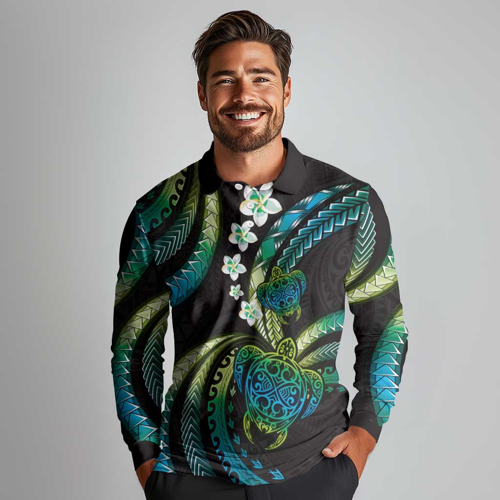 Hawaii Turtles Plumeria Long Sleeve Polo Shirt Chartreuse Cyan Polynesian Pattern LT01 - Polynesian Pride