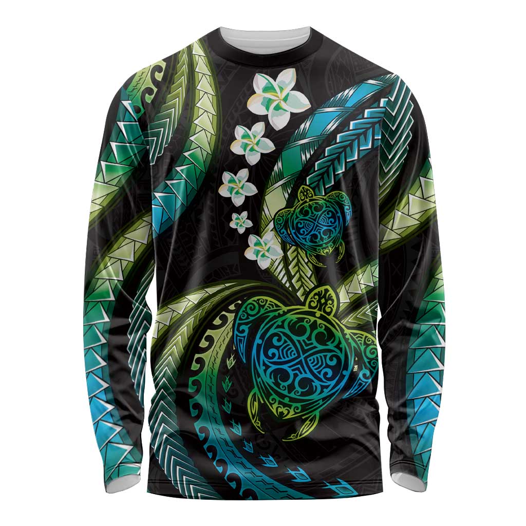 Hawaii Turtles Plumeria Long Sleeve Shirt Chartreuse Cyan Polynesian Pattern LT01 Unisex Cyan - Polynesian Pride