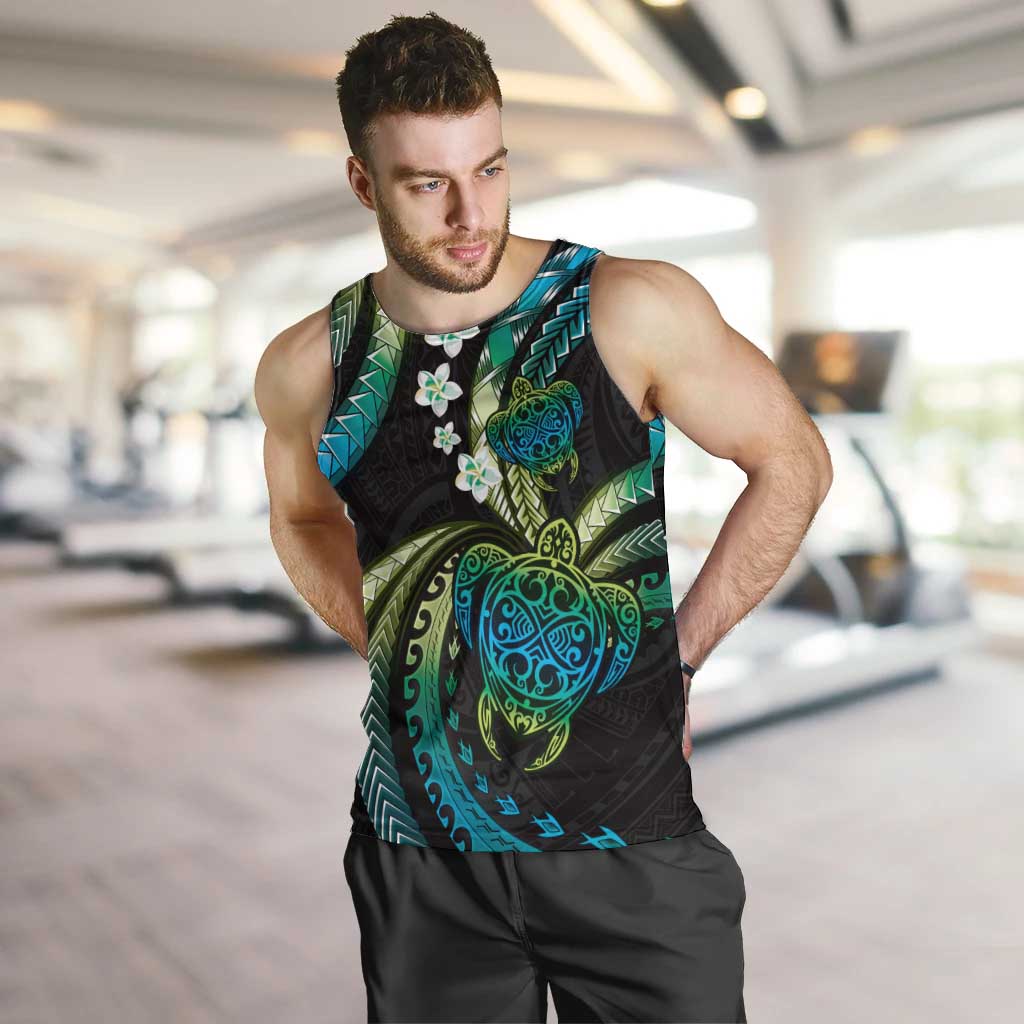 Hawaii Turtles Plumeria Men Tank Top Chartreuse Cyan Polynesian Pattern LT01 Cyan - Polynesian Pride