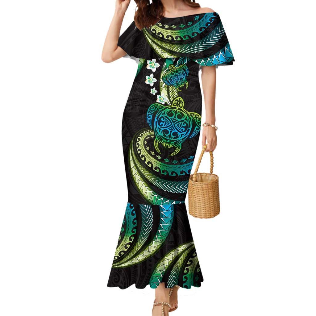 Hawaii Turtles Plumeria Mermaid Dress Chartreuse Cyan Polynesian Pattern LT01 Women Cyan - Polynesian Pride