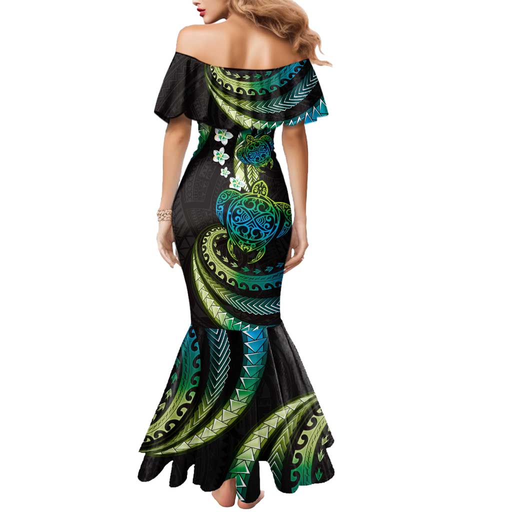 Hawaii Turtles Plumeria Mermaid Dress Chartreuse Cyan Polynesian Pattern LT01 - Polynesian Pride