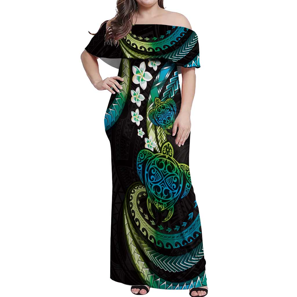 Hawaii Turtles Plumeria Off Shoulder Maxi Dress Chartreuse Cyan Polynesian Pattern LT01 Women Cyan - Polynesian Pride