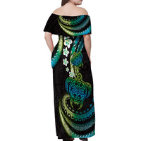 Hawaii Turtles Plumeria Off Shoulder Maxi Dress Chartreuse Cyan Polynesian Pattern LT01 - Polynesian Pride