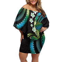 Hawaii Turtles Plumeria Off Shoulder Short Dress Chartreuse Cyan Polynesian Pattern LT01 Women Cyan - Polynesian Pride