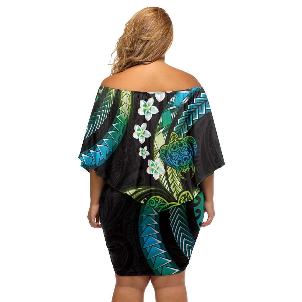 Hawaii Turtles Plumeria Off Shoulder Short Dress Chartreuse Cyan Polynesian Pattern LT01 - Polynesian Pride