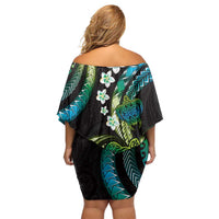 Hawaii Turtles Plumeria Off Shoulder Short Dress Chartreuse Cyan Polynesian Pattern LT01 - Polynesian Pride