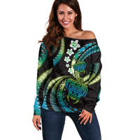 Hawaii Turtles Plumeria Off Shoulder Sweater Chartreuse Cyan Polynesian Pattern LT01 Women Cyan - Polynesian Pride