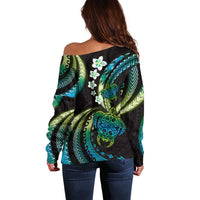 Hawaii Turtles Plumeria Off Shoulder Sweater Chartreuse Cyan Polynesian Pattern LT01 - Polynesian Pride