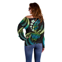Hawaii Turtles Plumeria Off Shoulder Sweater Chartreuse Cyan Polynesian Pattern LT01 - Polynesian Pride