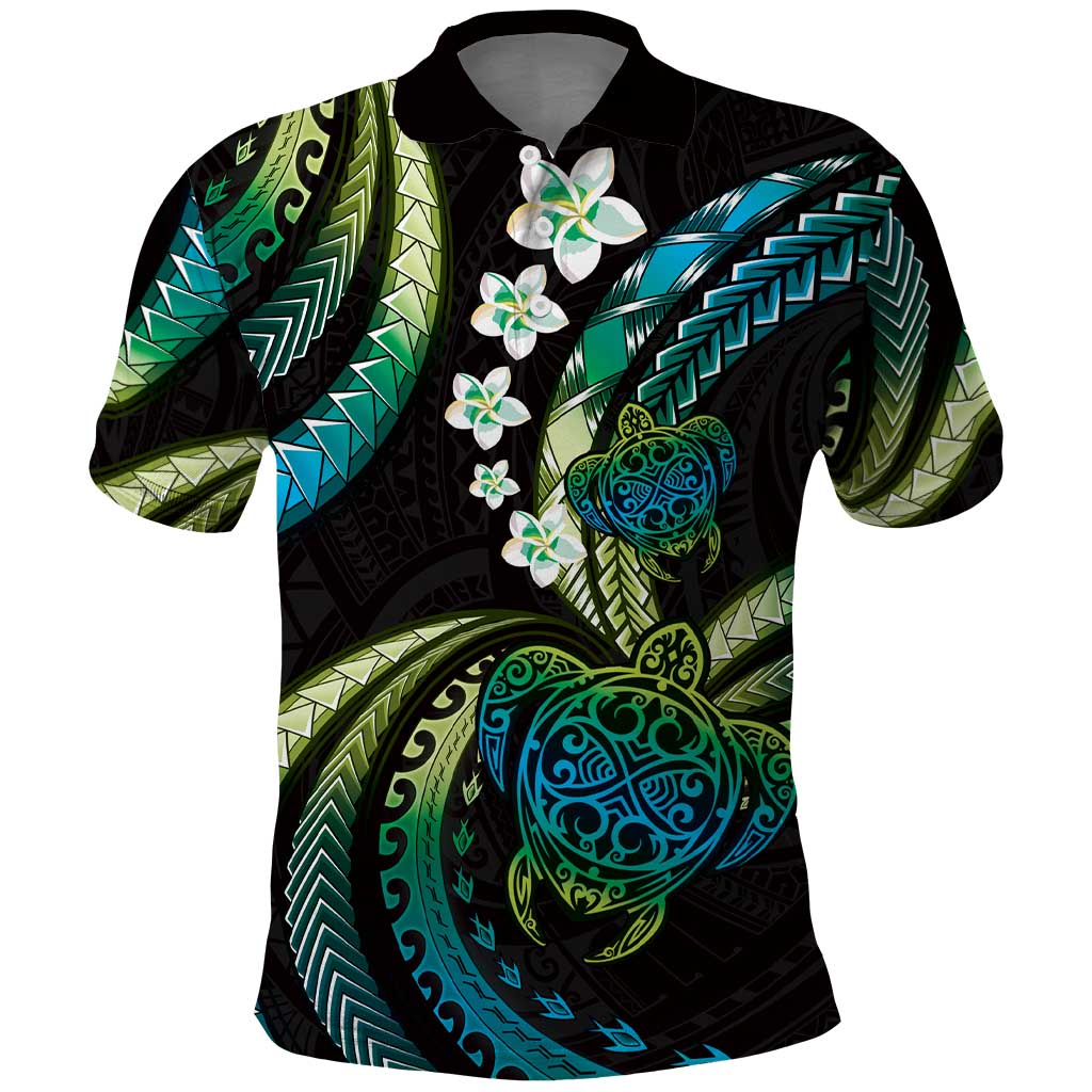 Hawaii Turtles Plumeria Polo Shirt Chartreuse Cyan Polynesian Pattern LT01 Cyan - Polynesian Pride