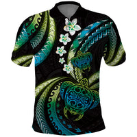 Hawaii Turtles Plumeria Polo Shirt Chartreuse Cyan Polynesian Pattern LT01 Cyan - Polynesian Pride