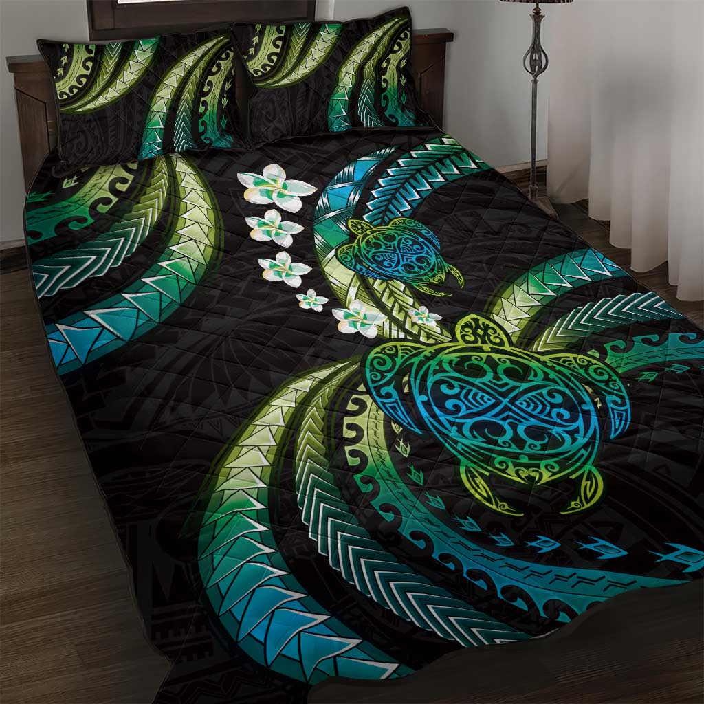 Hawaii Turtles Plumeria Quilt Bed Set Chartreuse Cyan Polynesian Pattern LT01 Cyan - Polynesian Pride