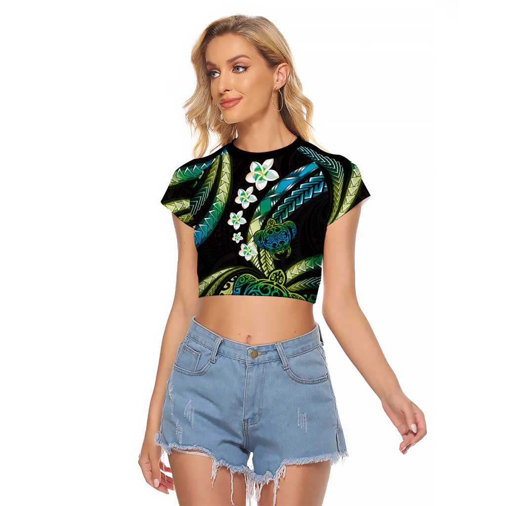 Hawaii Turtles Plumeria Raglan Cropped T Shirt Chartreuse Cyan Polynesian Pattern LT01 Female Cyan - Polynesian Pride