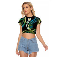Hawaii Turtles Plumeria Raglan Cropped T Shirt Chartreuse Cyan Polynesian Pattern LT01 Female Cyan - Polynesian Pride