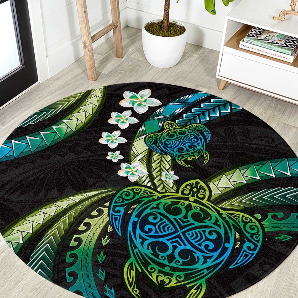 Hawaii Turtles Plumeria Round Carpet Chartreuse Cyan Polynesian Pattern LT01 Cyan - Polynesian Pride