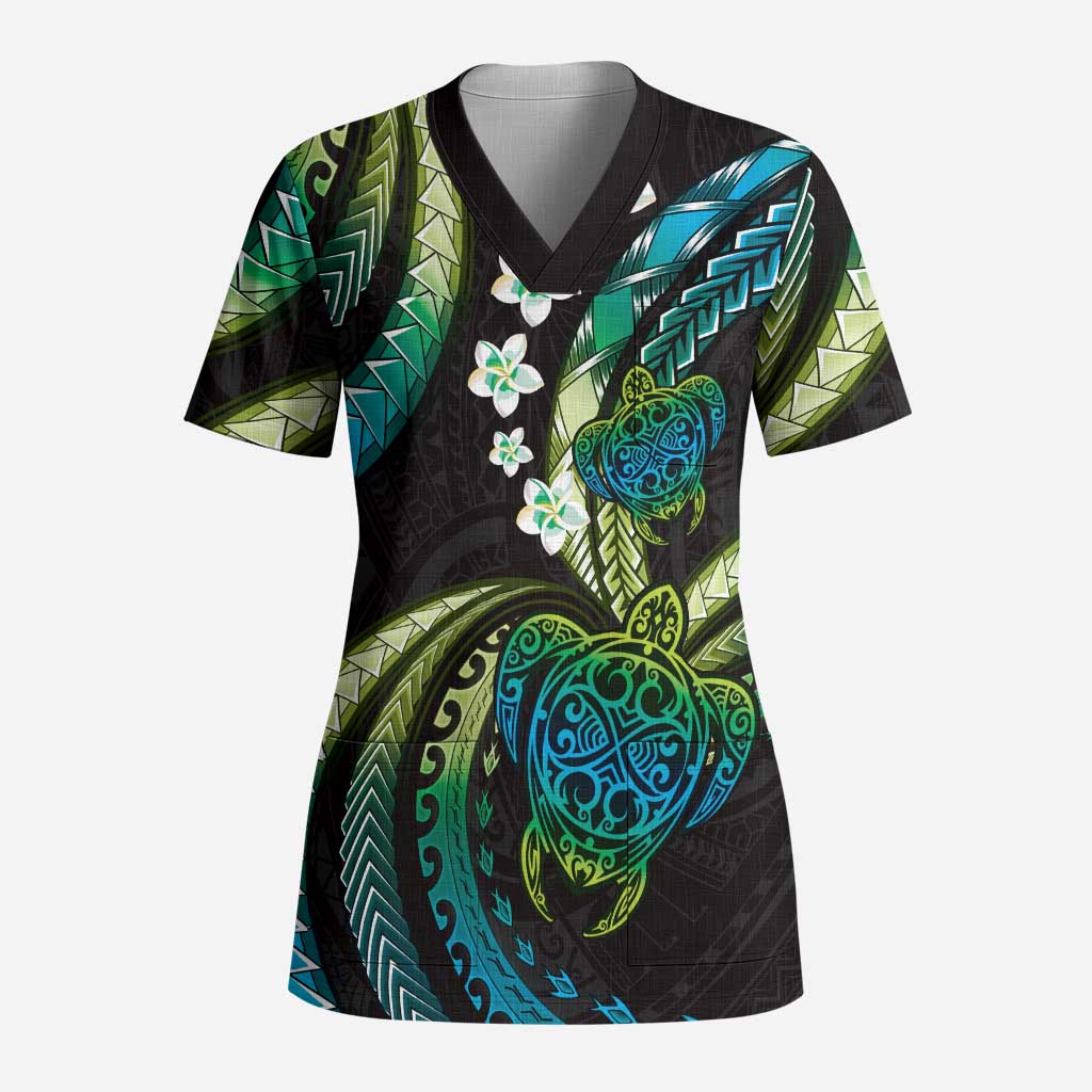 Hawaii Turtles Plumeria Scrub Top Chartreuse Cyan Polynesian Pattern LT01 Adult Cyan - Polynesian Pride