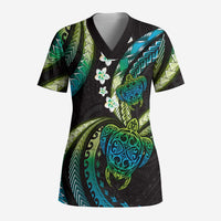 Hawaii Turtles Plumeria Scrub Top Chartreuse Cyan Polynesian Pattern LT01 Adult Cyan - Polynesian Pride