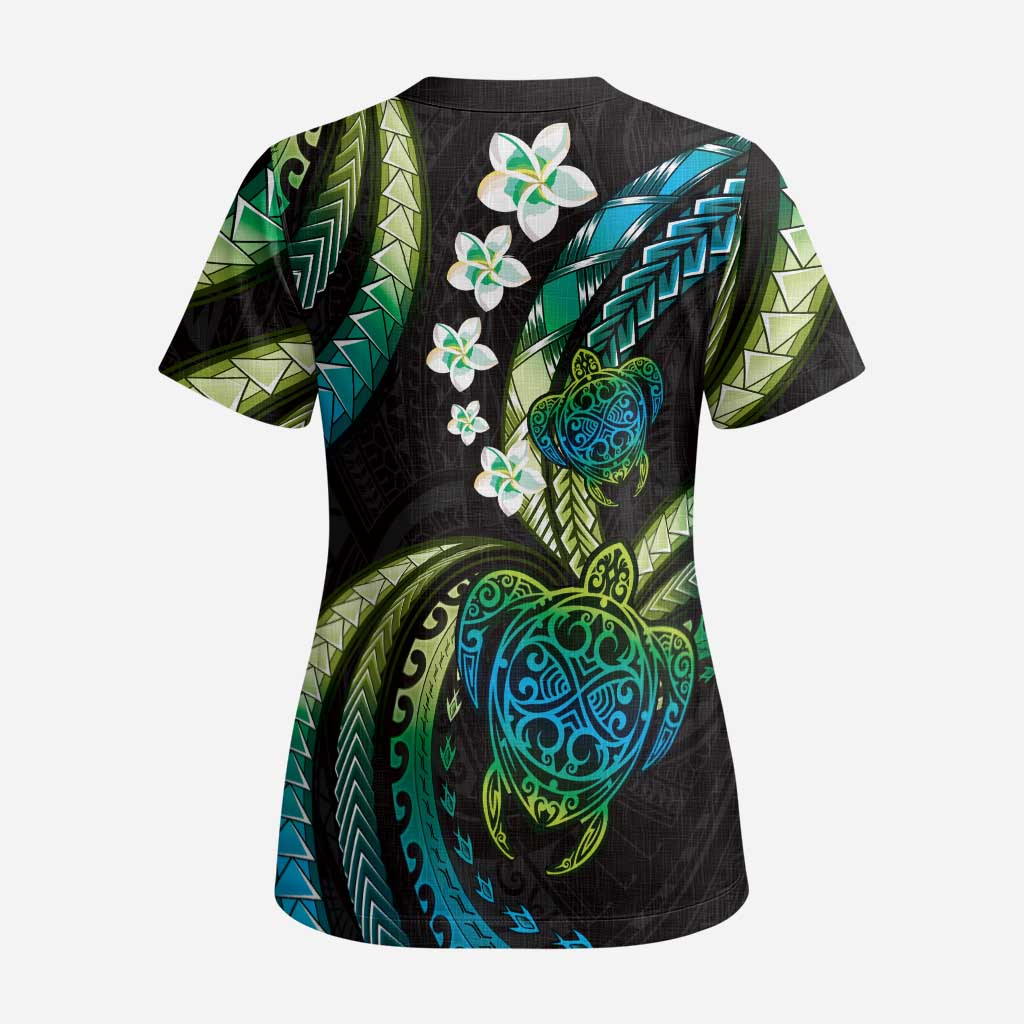 Hawaii Turtles Plumeria Scrub Top Chartreuse Cyan Polynesian Pattern LT01 - Polynesian Pride
