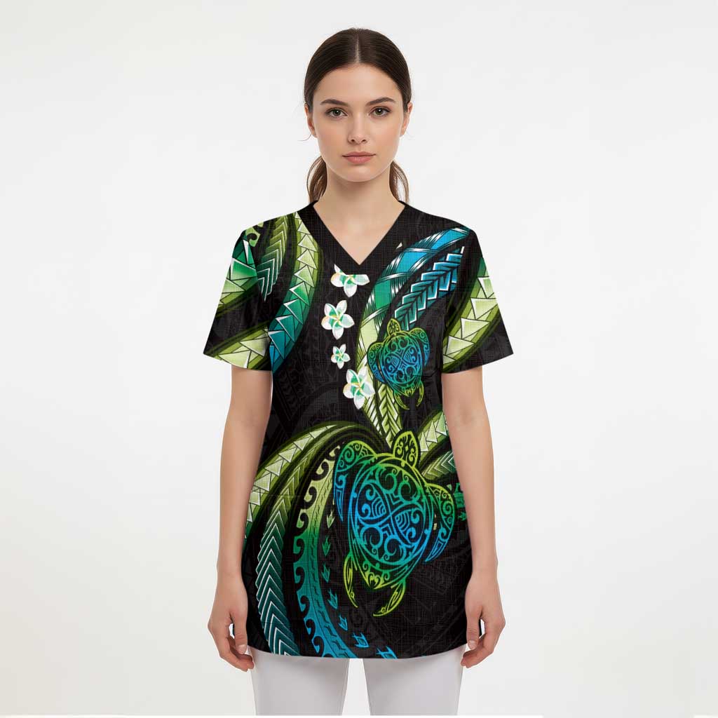 Hawaii Turtles Plumeria Scrub Top Chartreuse Cyan Polynesian Pattern LT01 - Polynesian Pride