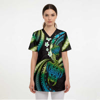 Hawaii Turtles Plumeria Scrub Top Chartreuse Cyan Polynesian Pattern LT01 - Polynesian Pride