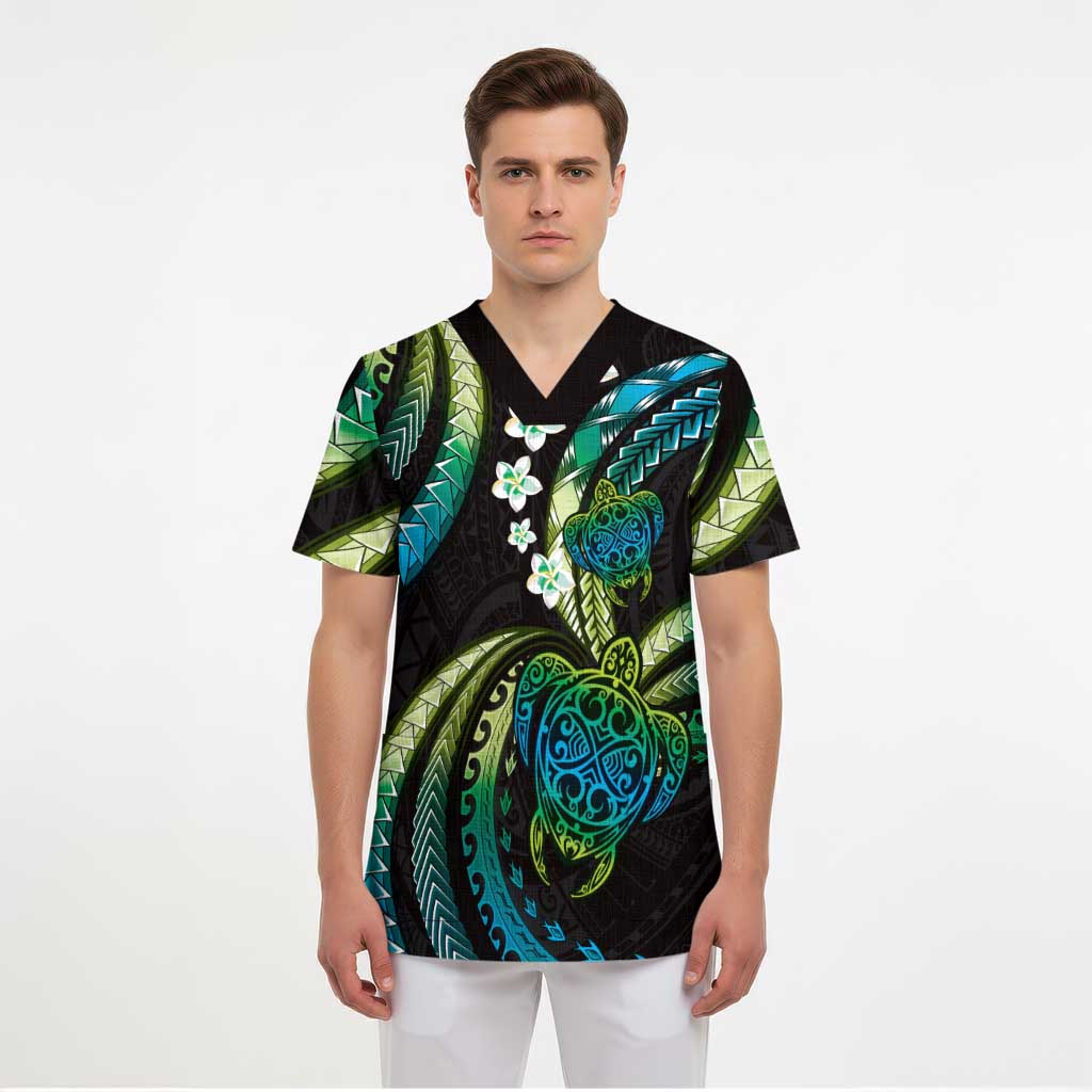 Hawaii Turtles Plumeria Scrub Top Chartreuse Cyan Polynesian Pattern LT01 - Polynesian Pride