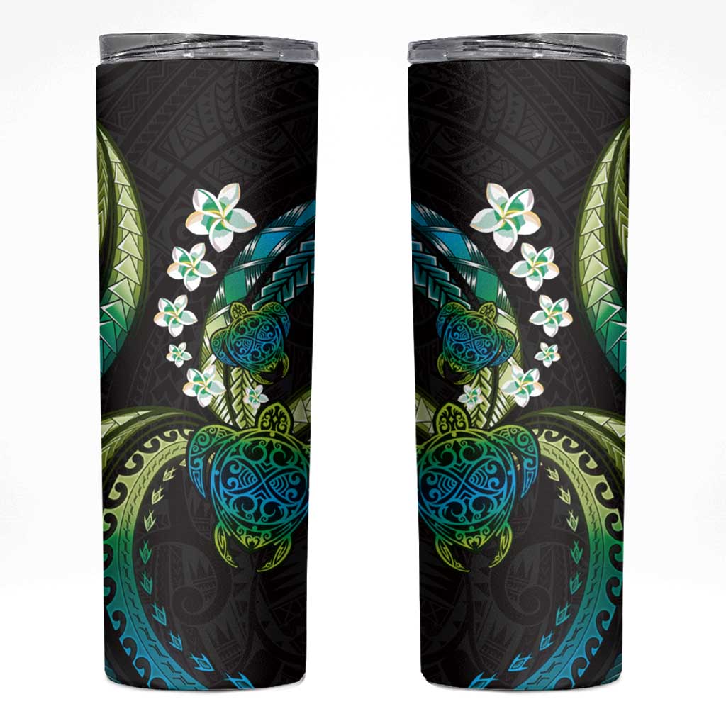 Hawaii Turtles Plumeria Skinny Tumbler Chartreuse Cyan Polynesian Pattern LT01 Cyan - Polynesian Pride