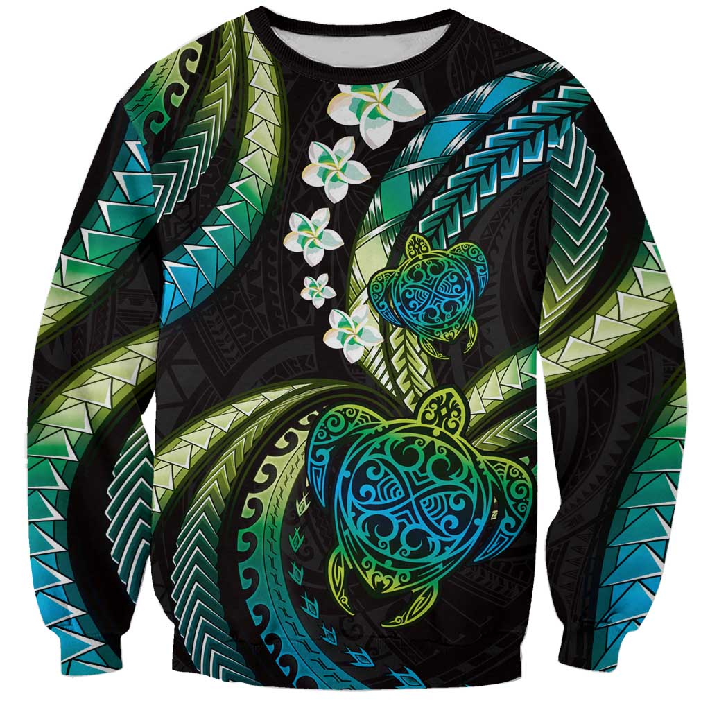 Hawaii Turtles Plumeria Sweatshirt Chartreuse Cyan Polynesian Pattern LT01 Unisex Cyan - Polynesian Pride