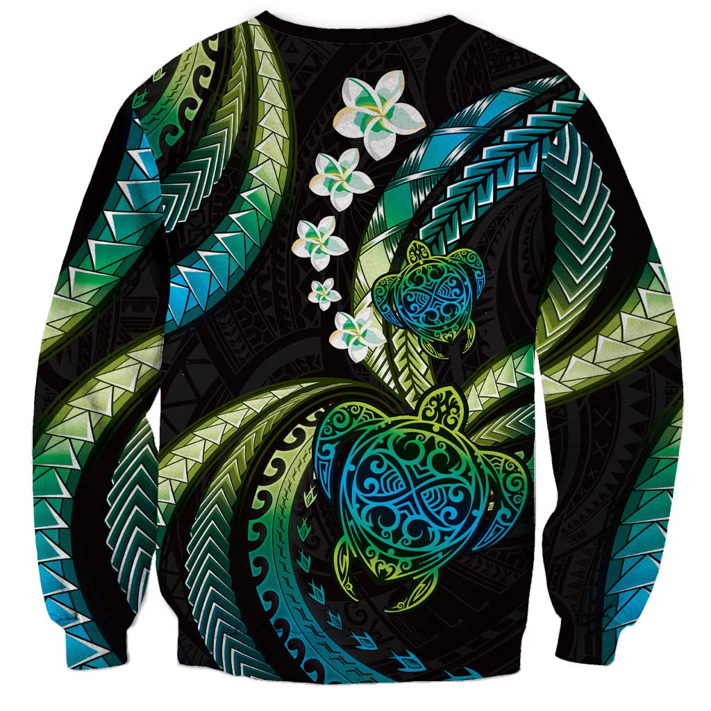 Hawaii Turtles Plumeria Sweatshirt Chartreuse Cyan Polynesian Pattern LT01 - Polynesian Pride