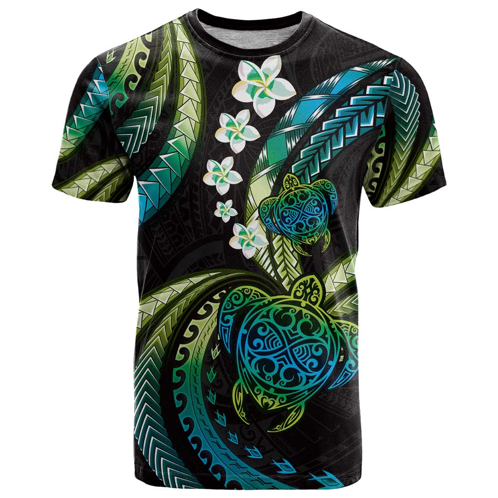 Hawaii Turtles Plumeria T Shirt Chartreuse Cyan Polynesian Pattern LT01 Cyan - Polynesian Pride