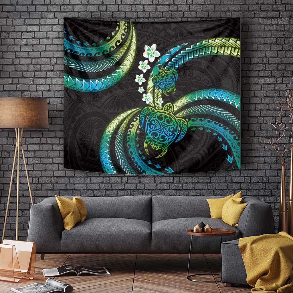 Hawaii Turtles Plumeria Tapestry Chartreuse Cyan Polynesian Pattern LT01 Cyan - Polynesian Pride