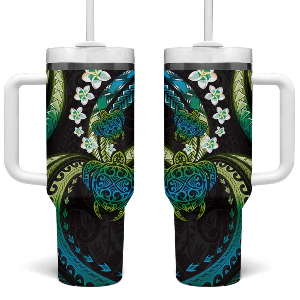 Hawaii Turtles Plumeria Tumbler With Handle Chartreuse Cyan Polynesian Pattern LT01 One Size: 40 oz Cyan - Polynesian Pride