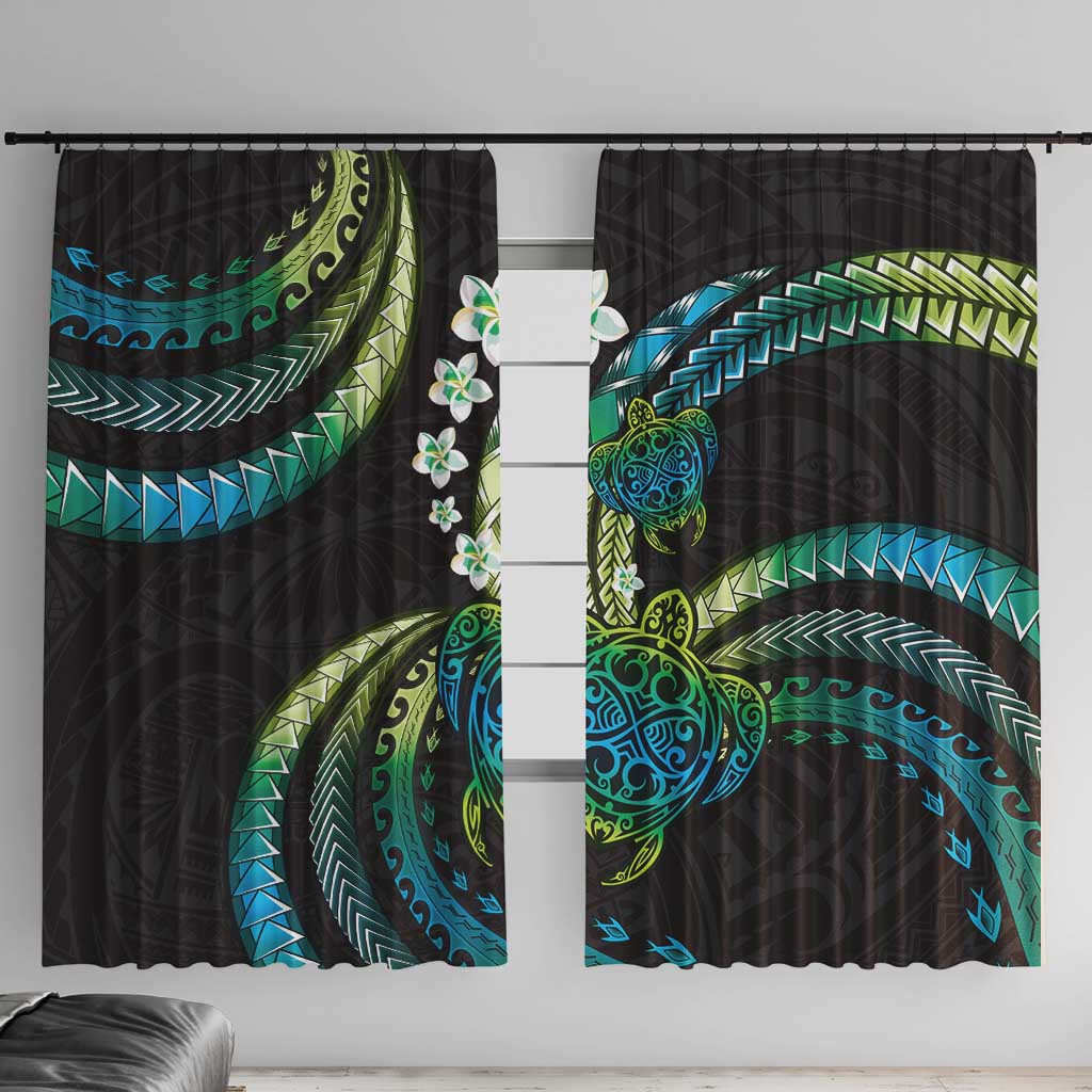 Hawaii Turtles Plumeria Window Curtain Chartreuse Cyan Polynesian Pattern LT01 With Hooks Cyan - Polynesian Pride