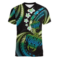 Hawaii Turtles Plumeria Women V-Neck T-Shirt Chartreuse Cyan Polynesian Pattern LT01 Female Cyan - Polynesian Pride
