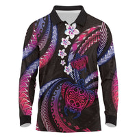 Hawaii Turtles Plumeria Long Sleeve Polo Shirt Sweet Gradient Polynesian Pattern LT01 Pink - Polynesian Pride