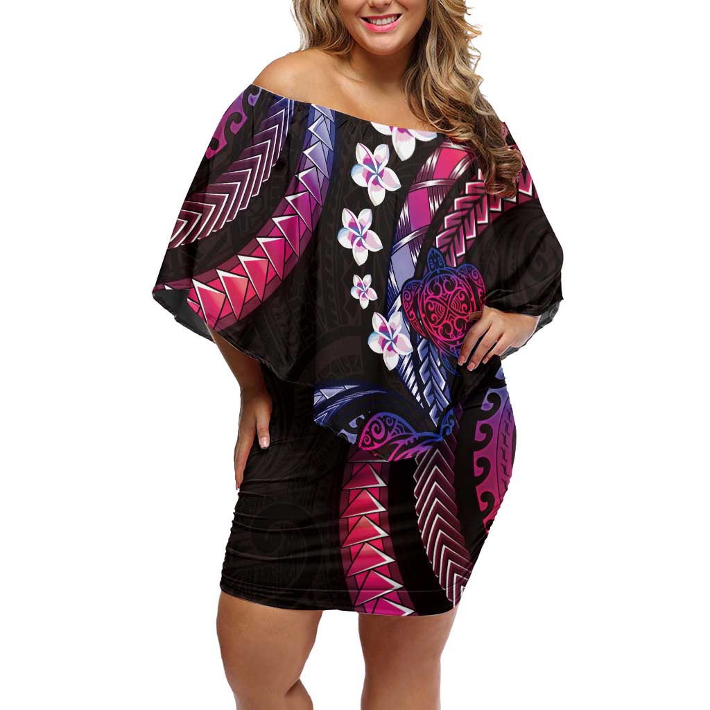 Hawaii Turtles Plumeria Off Shoulder Short Dress Sweet Gradient Polynesian Pattern LT01 Women Pink - Polynesian Pride