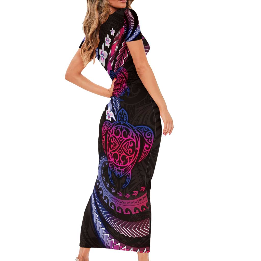 Hawaii Turtles Plumeria Short Sleeve Bodycon Dress Sweet Gradient Polynesian Pattern LT01 - Polynesian Pride