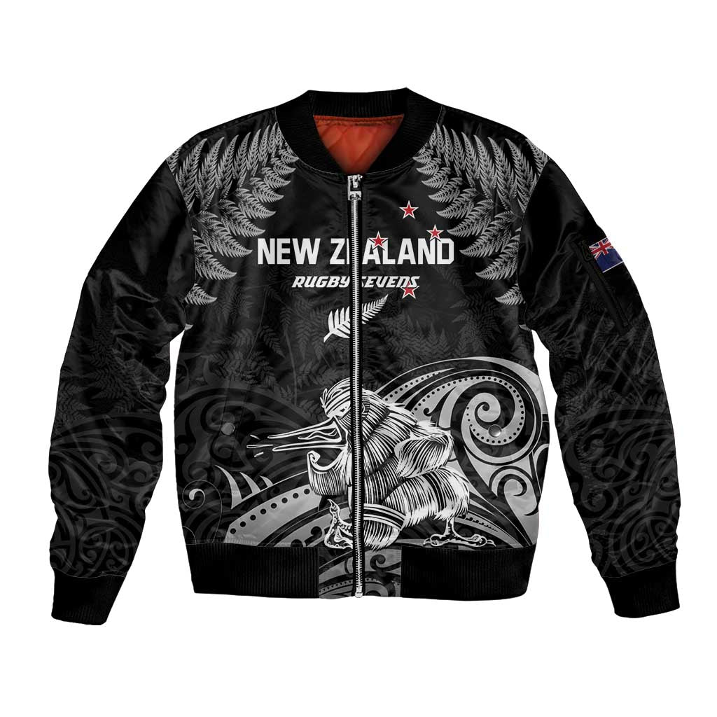 Custom New Zealand 2024 Rugby Sleeve Zip Bomber Jacket Silver Fern Aotearoa Kiwi LT01 Unisex Black - Polynesian Pride