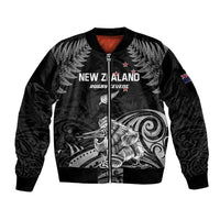 Custom New Zealand 2024 Rugby Sleeve Zip Bomber Jacket Silver Fern Aotearoa Kiwi LT01 Unisex Black - Polynesian Pride