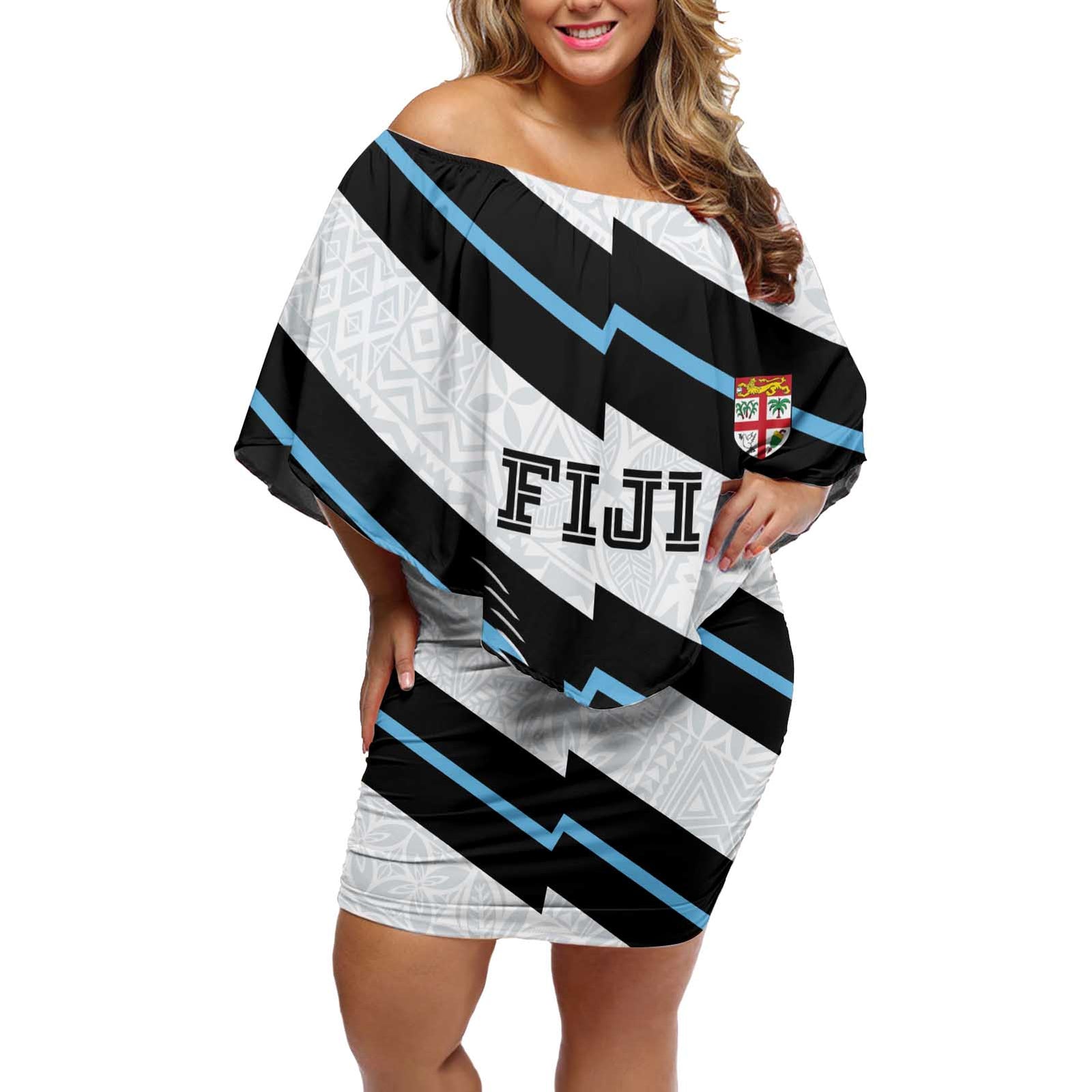 Custom Fiji 2024 Rugby Off Shoulder Short Dress Fijian Tapa Pattern LT01 Women White - Polynesian Pride