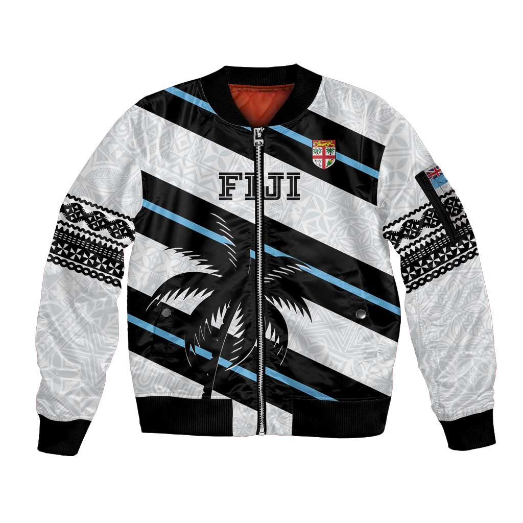 Custom Fiji 2024 Rugby Sleeve Zip Bomber Jacket Fijian Tapa Pattern LT01 Unisex White - Polynesian Pride
